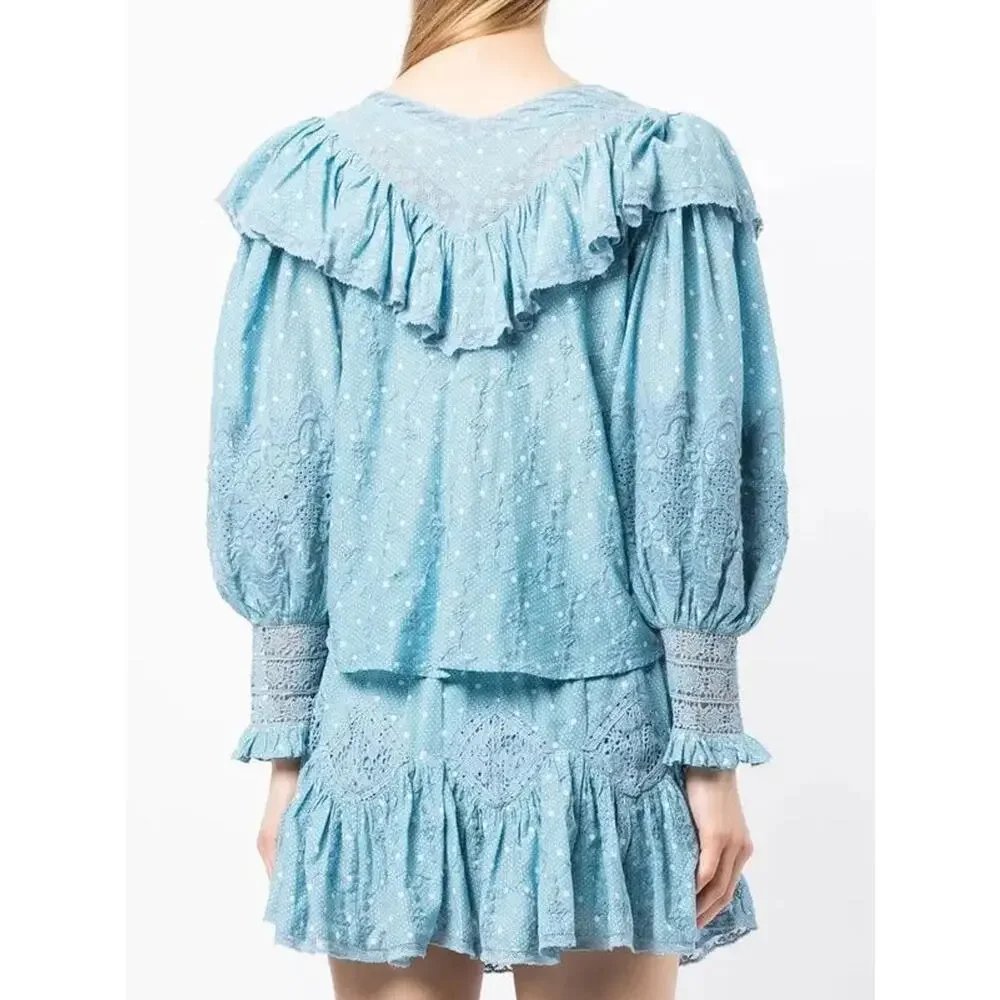 LoveShackFancy Bunnie Blouse & Adia Mini Skirt Set Blue Bonnet Womens Small